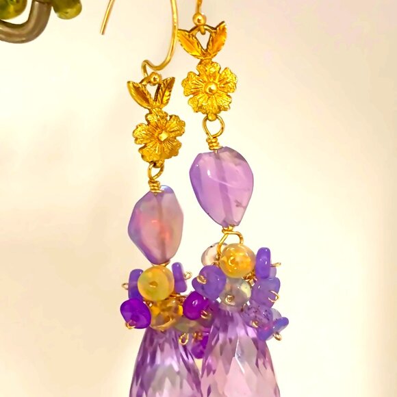 14K Gold Pink Amethyst Opal Gemstone Briolette Earrings - Picture 6 of 7